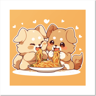 Cute dogs sharing spaghettis Posters and Art